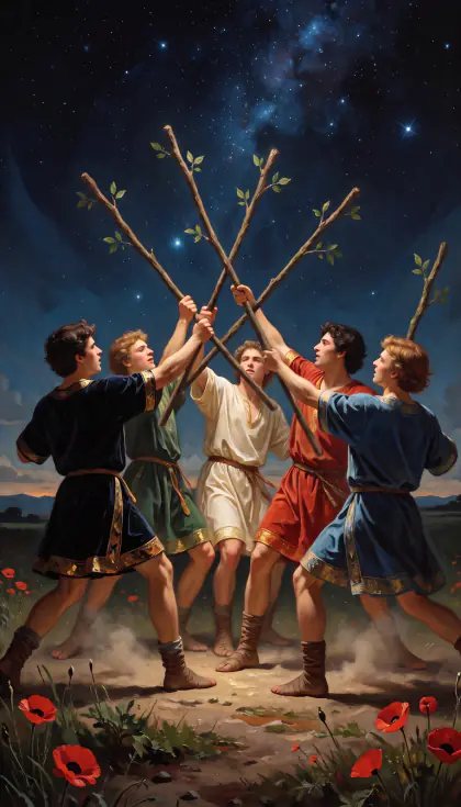 Five of Wands, Minor Arcana · Wands, from the oil-painted Garden of Arcana tarot deck