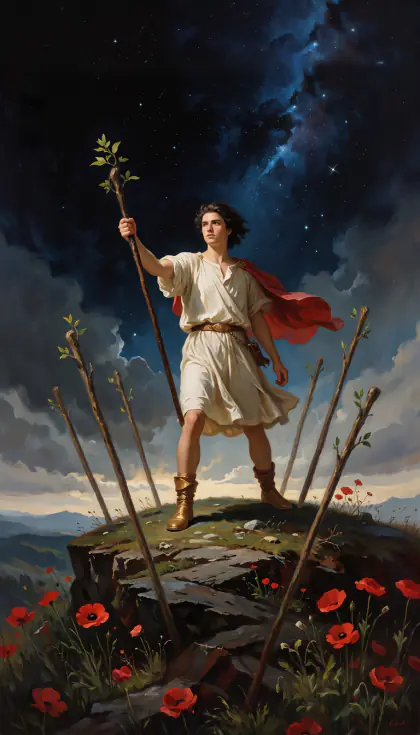Seven of Wands, Minor Arcana · Wands, from the oil-painted Garden of Arcana tarot deck