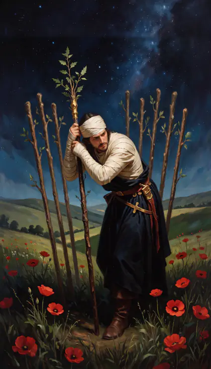 Nine of Wands, Minor Arcana · Wands, from the oil-painted Garden of Arcana tarot deck