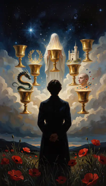Seven of Cups, Minor Arcana · Cups, from the oil-painted Garden of Arcana tarot deck