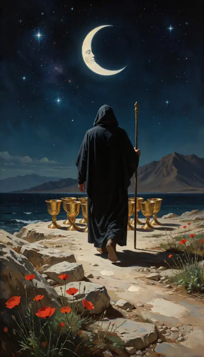 Eight of Cups, Minor Arcana · Cups, from the oil-painted Garden of Arcana tarot deck