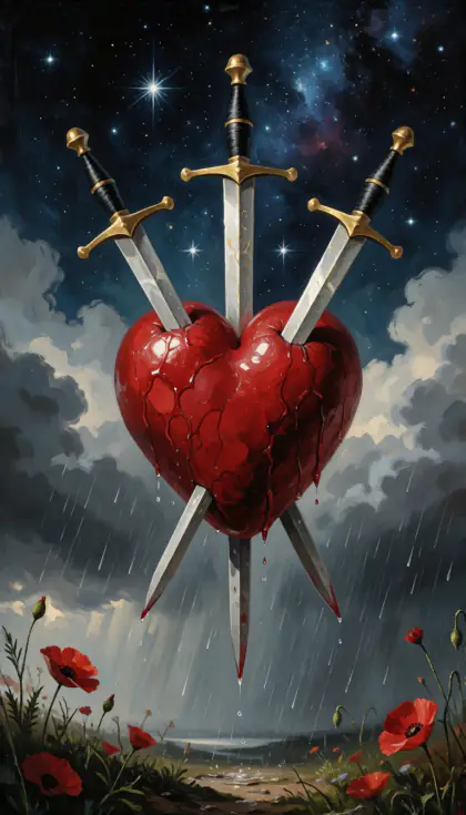 Three of Swords, Minor Arcana · Swords, from the oil-painted Garden of Arcana tarot deck