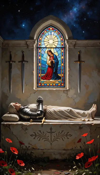 Four of Swords, Minor Arcana · Swords, from the oil-painted Garden of Arcana tarot deck
