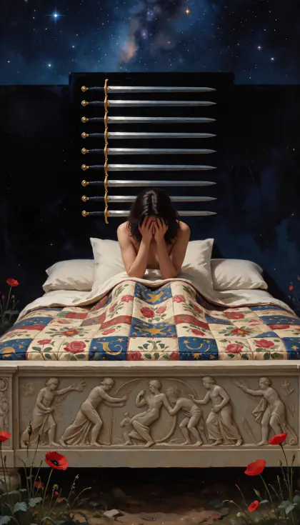 Nine of Swords, Minor Arcana · Swords, from the oil-painted Garden of Arcana tarot deck