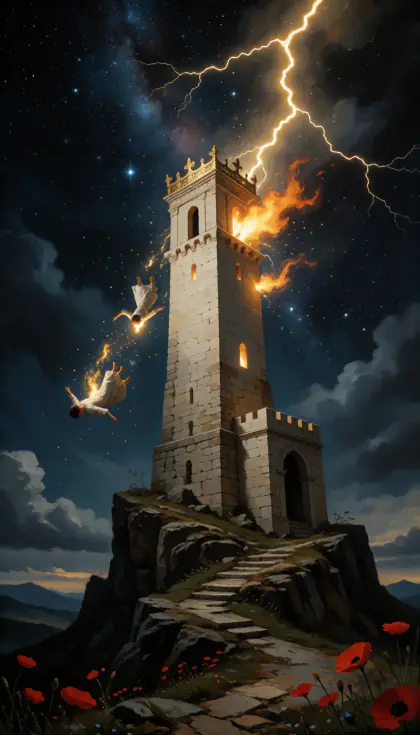 The Tower, Major Arcana · XVI, from the oil-painted Garden of Arcana tarot deck