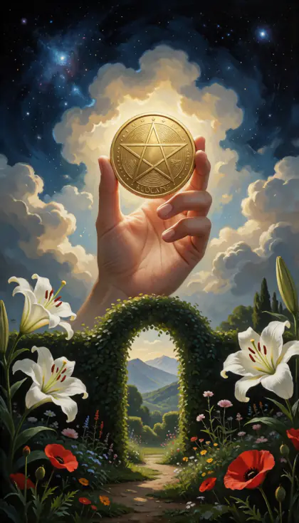 Ace of Pentacles, Minor Arcana · Pentacles, from the oil-painted Garden of Arcana tarot deck