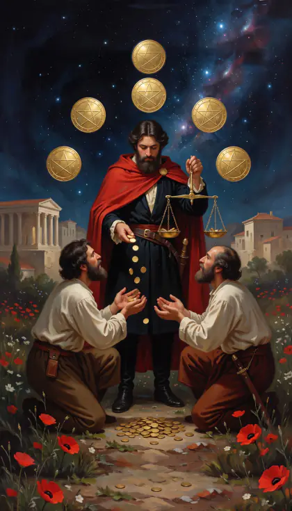 Six of Pentacles, Minor Arcana · Pentacles, from the oil-painted Garden of Arcana tarot deck