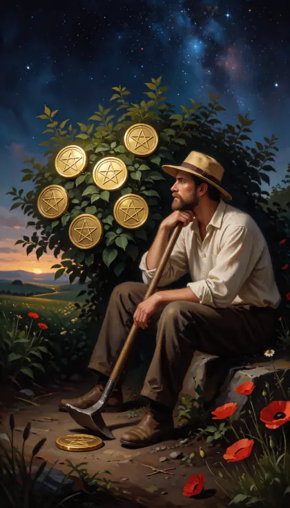 Seven of Pentacles, Minor Arcana · Pentacles, from the oil-painted Garden of Arcana tarot deck