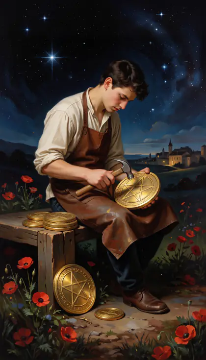 Eight of Pentacles, Minor Arcana · Pentacles, from the oil-painted Garden of Arcana tarot deck