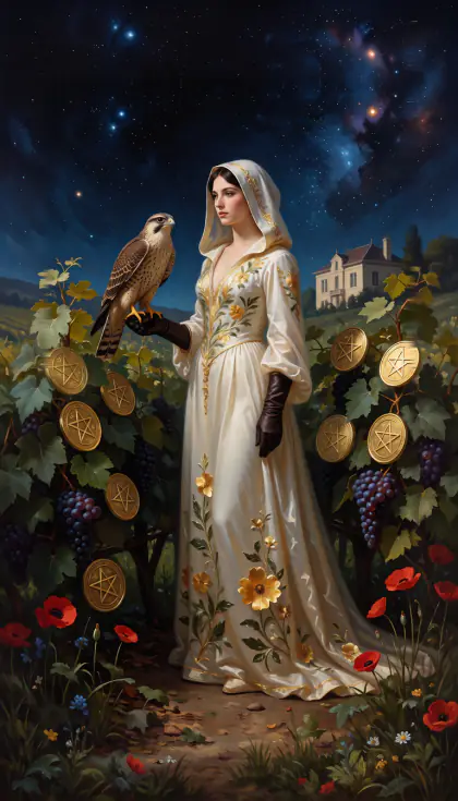 Nine of Pentacles, Minor Arcana · Pentacles, from the oil-painted Garden of Arcana tarot deck