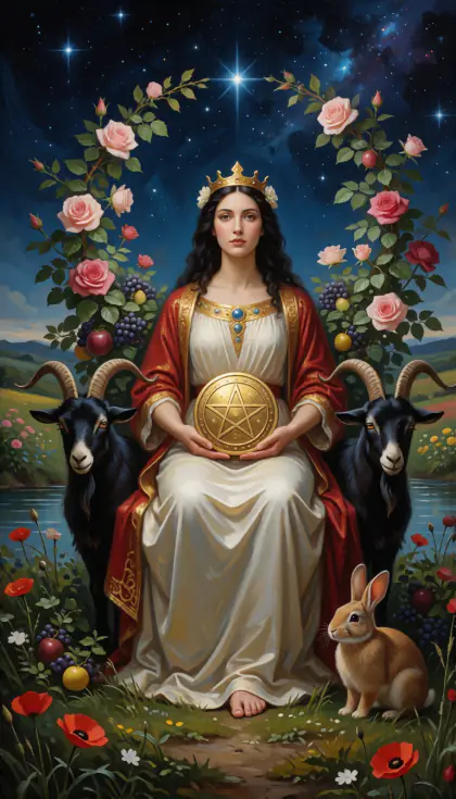 Queen of Pentacles, Minor Arcana · Pentacles, from the oil-painted Garden of Arcana tarot deck